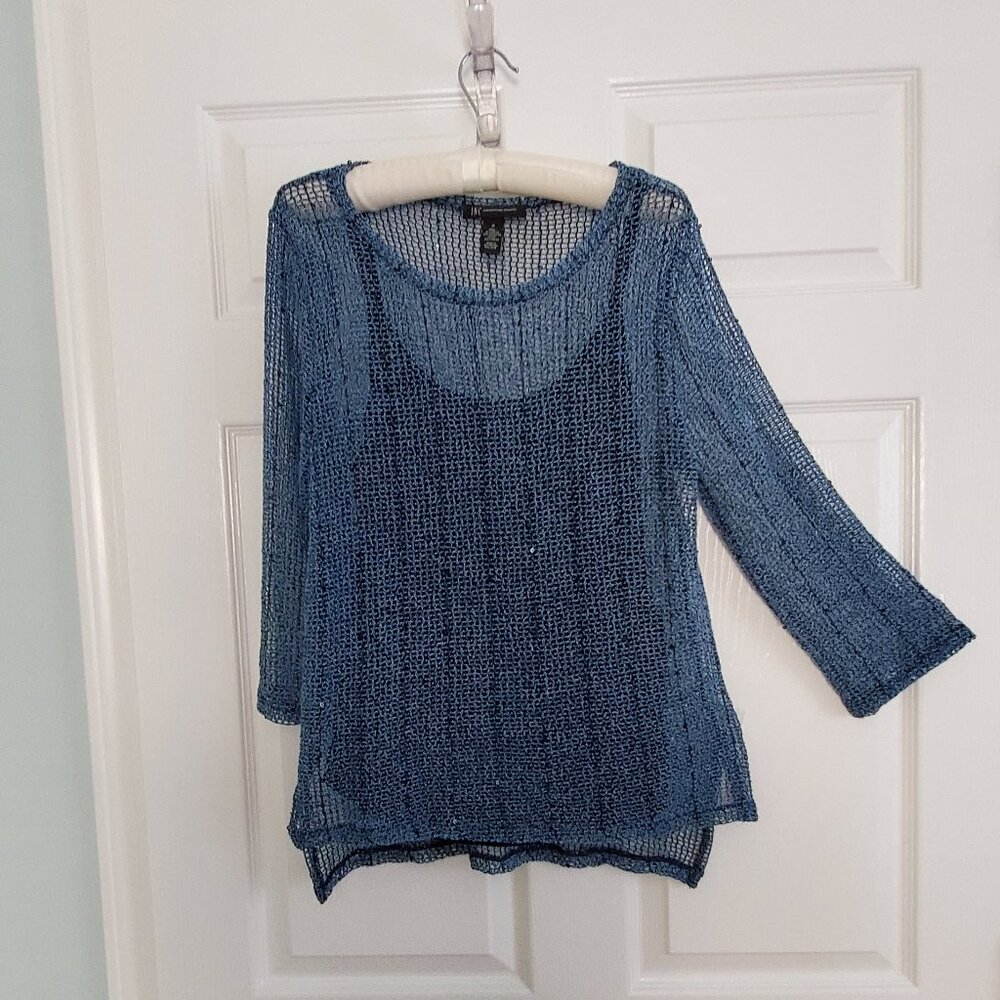 INC International Concepts Dressy Blouse, Size M, Teal/Black Knit